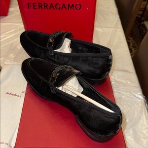 Salvatore Ferragamo Black Velvet Bit Loafers with Chain Detail